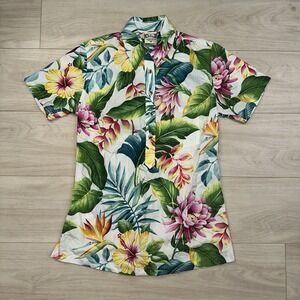 Vintage Go Barefoot Shirt Womens XS White Pink‎ Floral Hawaiian Henley USA Made
